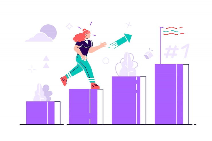 Vector people run to their goal on the column of columns illustration. move up motivation. 