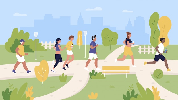 People runners jogging in city park  illustration. cartoon  woman man jogger characters take part in marathon, training and running. cityscape with outdoor summer sport activity background