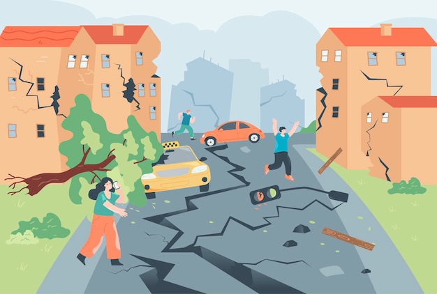People running and screaming in street during earthquake. Road with clefts, destruction of houses and city buildings flat vector illustration. Nature, natural disasters, security or insurance concept