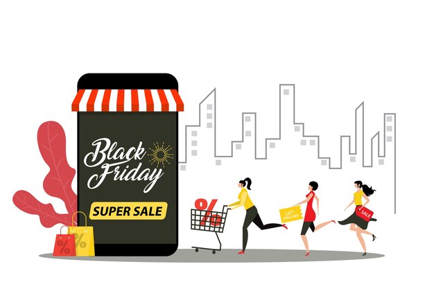 People running to store super sale black friday on city background