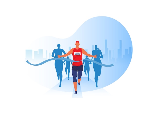 Vector people running with clothes on marathon race, athletics event, sports group jogging