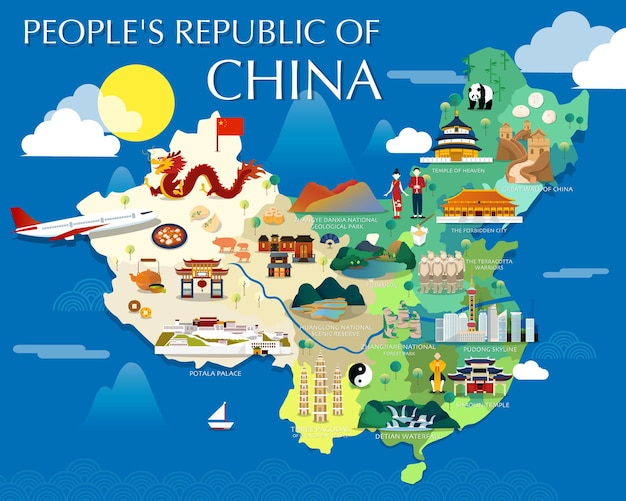 Vector people's republic of china map with colorful landmarks illustration design