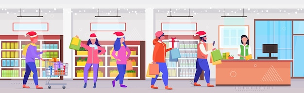 people in santa hats with shopping bags standing line queue at cash desk with female cashier christmas holidays celebration concept modern retail store interior