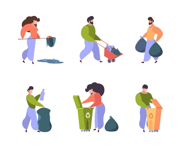 Vector people save nature characters recycling garbage clean environment volunteers garish vector persons save nature plastic waste cleaning