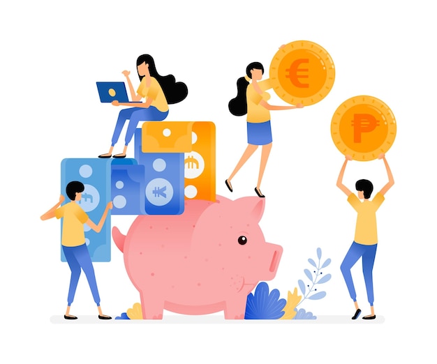 Vector people save in piggy banks. collect coins and paper money