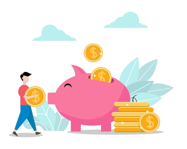 Vector people saving money in piggy bank isolated flat illustration