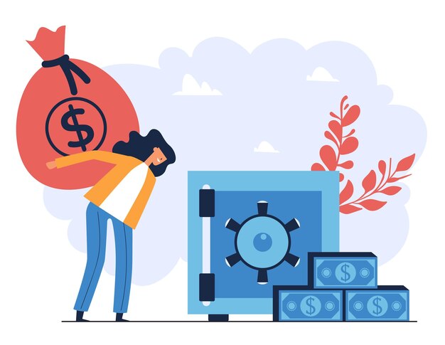 people saving money in safe concept vector graphic design illustration