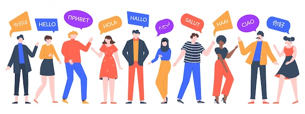 People say hi. Group of multiethnic men and women speaking, multicultural characters say hello. Unity of asian, african and european humans  illustration