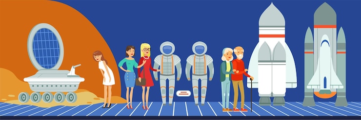 Vector people at science exhibition museum visitors looking at space equipment vector illustration in flat