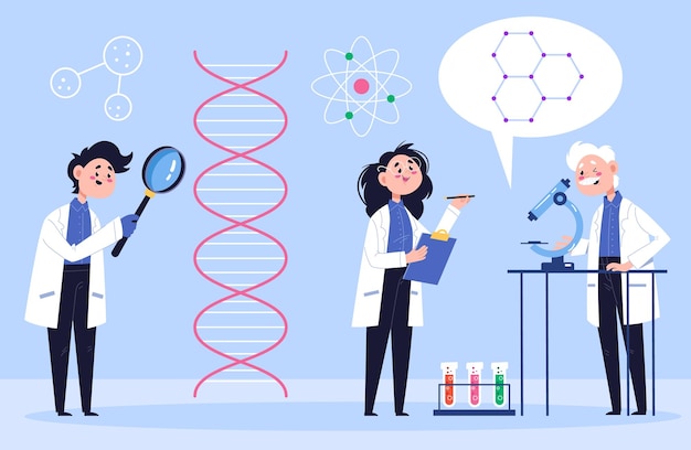 과학 연구 개념 평면 만화 디자인 요소를 만드는 사람들 과학자 캐릭터 나