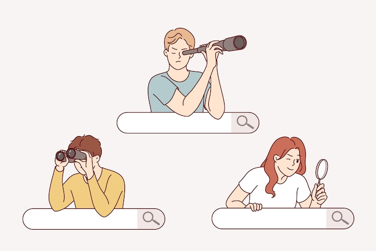 Vector 사람들은 인터넷에서 안경이나 보기를 사용하여 검색 바 뒤에서 바라보고 있습니다.