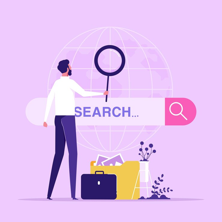 Vector people searching information in internet web search in internet online surfing seo