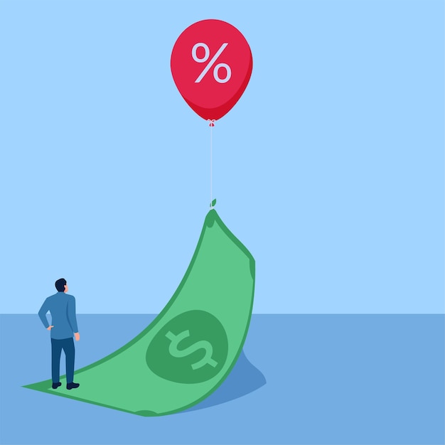 Vector people see money being pulled up by a percentage balloon a metaphor for inflation simple flat conceptual illustration