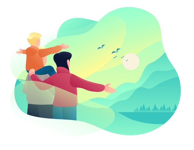 Vector people see morning dawn in sky with bird illustration design