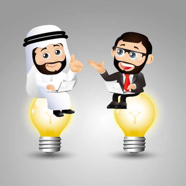 La gente ha messo gli uomini d'affari arabi che si siedono su una lampadina