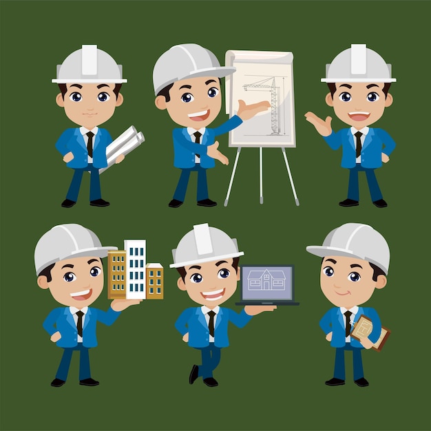 People set  profession  set of builder character in different poses