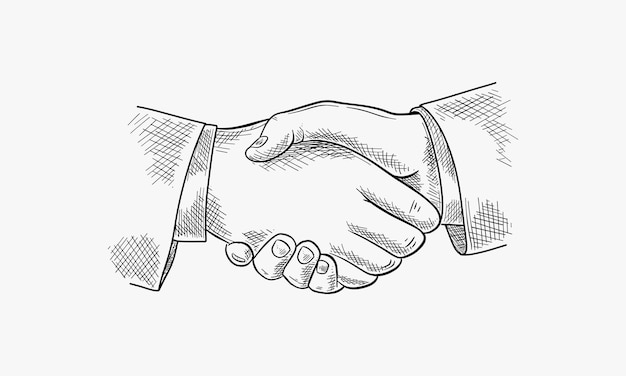 Vector people shake hands vector hand drawn sketch illustration isolated on white background business partnership success teamwork or contract agreement concept