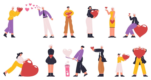 People share love, donating, care, valentines day concept. characters carrying hearts, love massages or philanthropy vector illustration. people giving and sharing love. charity and care love and help