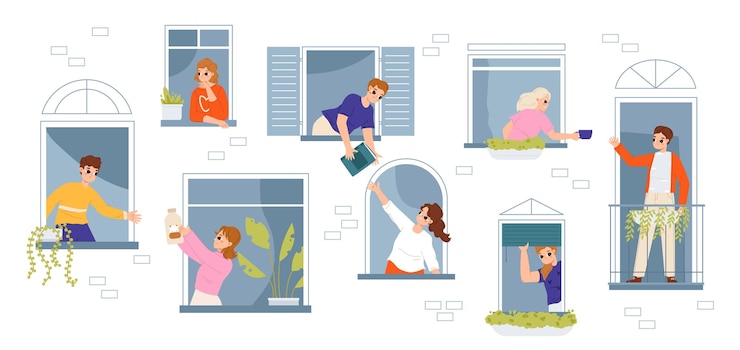 Vector people sharing things concept neighborly help friendly neighborhood or unity friendship neighbors adults in snugly house windows vector scene
