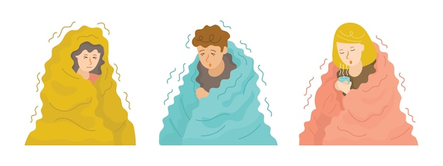 Vector people shivering under blanket set