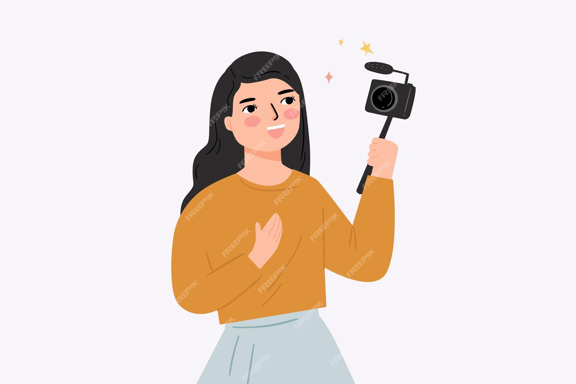 Premium Vector | People shoots a vlog take a video cartoon illustration