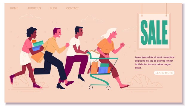 Vector people shop online concept men and women run to online store for discounts landing page design