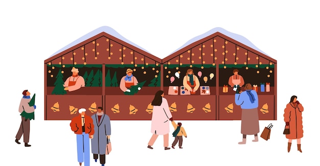 People shopping at Christmas market. Outdoor stalls, festive kiosks, winter holiday fair. Families, merchants, vendors at Xmas marketplace. Flat vector illustration isolated on white background