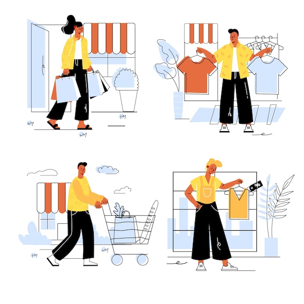フラットラインデザインに設定された人々のショッピングコンセプト男性と女性は、ブティックで新しい服を選び、スーパーマーケットで食料品を購入します。アウトラインのカラフルなWebシーンのベクトル図