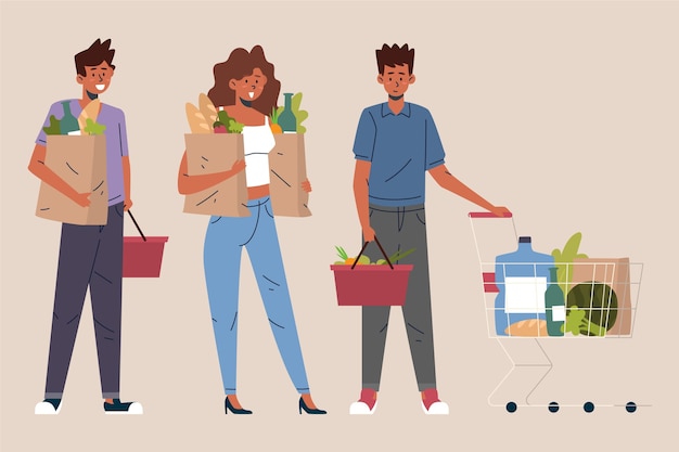 Vector people shopping groceries