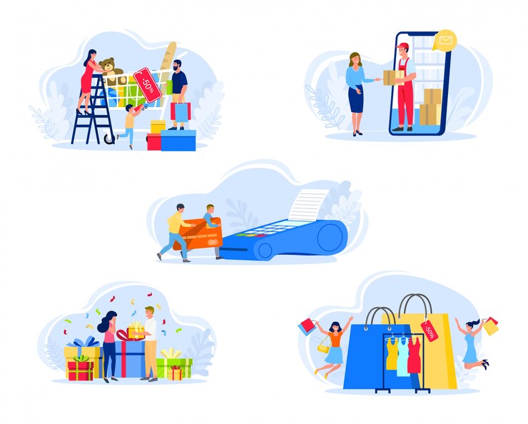 Vector 카드로 상점 지불 그림, 가족 또는 부부 문자를 쇼핑하는 사람들, 구매 또는 선물 받기, 아이콘 세트 흰색으로 격리