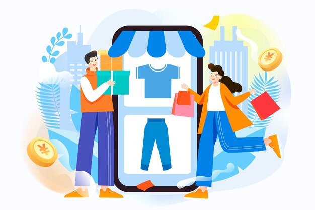 people shopping online with mobile phone and shopping cart in the background vector illustration