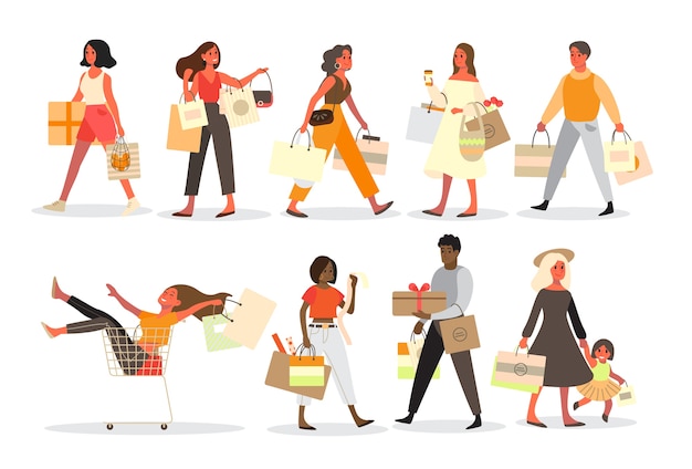 People shopping set. Collection of person with bag and box. Big sale and discount. Grocery or fashion store. Customer with shopping bags. Cheerful buyer.   