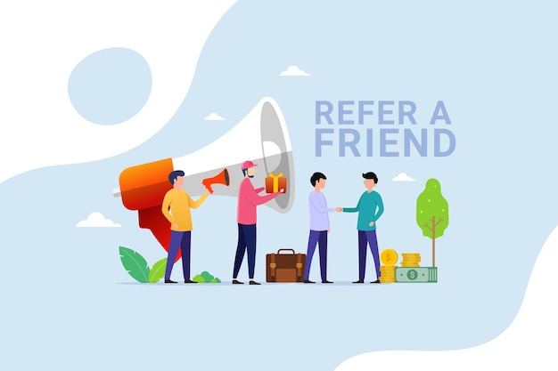 People shout on megaphone with refer a friend and get reward