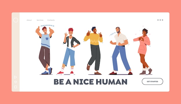 People Showing Positive Gestures Landing Page Template. Happy Characters Show Thumb Up, Ok Symbol, Victory, Yeah and Heart Gesturing. Happiness Emotions, Language. Cartoon People Vector Illustration