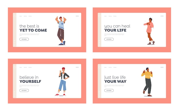 People showing positive gestures landing page template set.\
happy characters show thumb up, ok, victory, yeah and heart\
gesturing. happiness emotions, language. cartoon people vector\
illustration