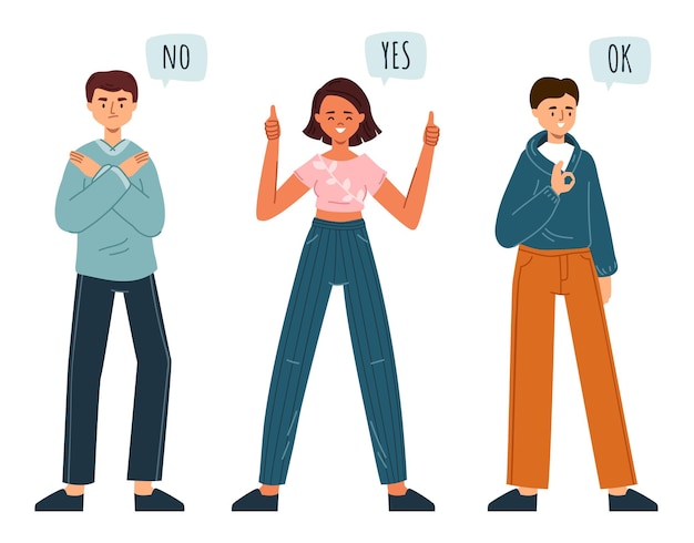 Vector people showing positive neutral and negative gestures male and female characters with contrast emotions vector illustration set young people show various gestures expressing denial or approval