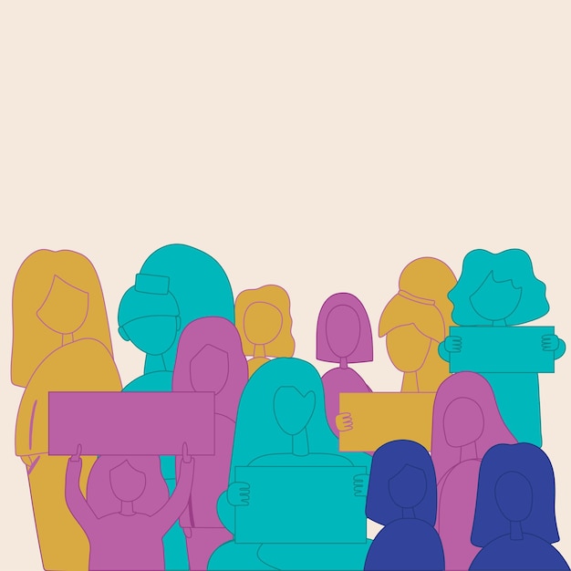 People silhouettes of cheering or protesting women with banners and signs in abstract vector back