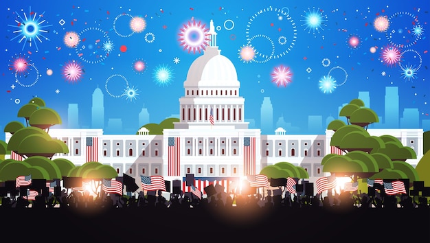 people silhouettes holding american flags near white house building USA presidential inauguration day celebration concept cityscape background horizontal vector illustration