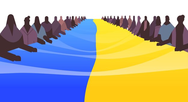 people silhouettes holding Ukrainian flag pray for Ukraine peace save Ukraine from russia stop war concept horizontal vector illustration