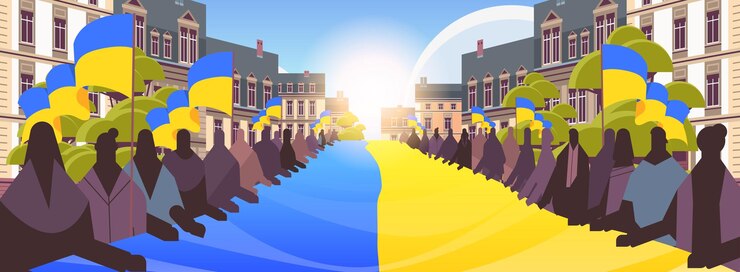 Vector people silhouettes holding ukrainian flag pray for ukraine peace save ukraine from russia stop war concept
