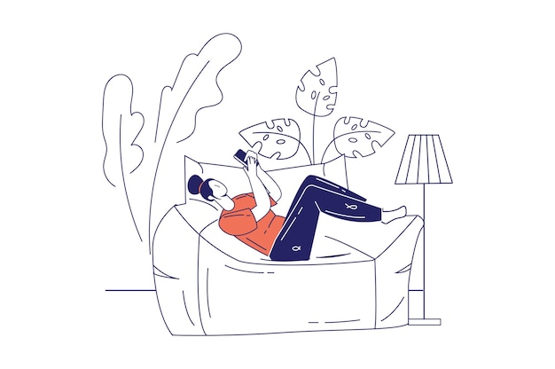 Vector people sit in gadgets concept in flat line design for web banner. woman browsing in smartphone while lying on sofa or armchair, modern people scene. vector illustration in outline graphic style