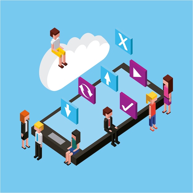 people sit on smartphone cloud computing storage isometric