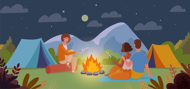 People sitting around campfire