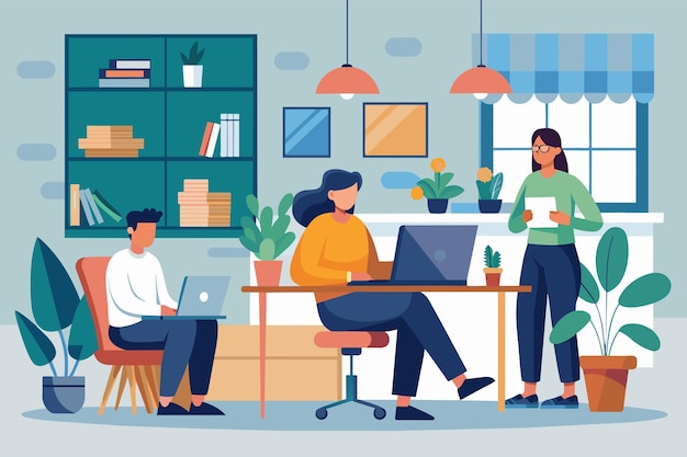 people sitting around a table focused on laptops collaborating and working together flat hand drawn casual people working in the room simple and minimalist flat vector illustration
