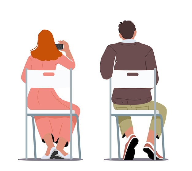 ベクトル 後ろ姿に座っている人。若い男性と女性のキャラクターは、写真を撮ったり、メモをとったり、椅子に座っています。大学または大学の学生、講義またはワークショップの参加者。漫画のベクトル図