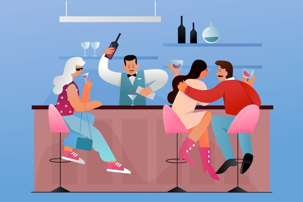 Vector people sitting in bar near counter with barman flat character   illustration concept