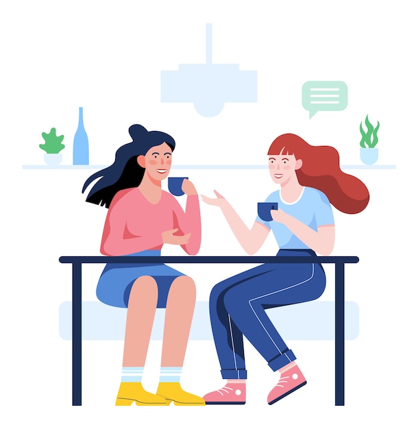 People sitting in cafe and drink coffee. Friends chatting. Two female chatacter spending their time in cafe. People talking.  illustration 