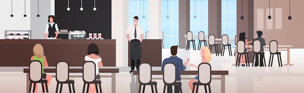 people sitting at cafe tables discussing during meeting modern in restaurant