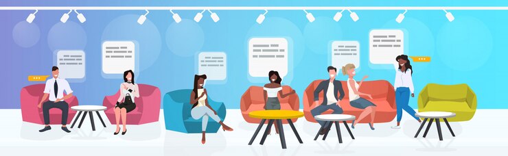 Vector people sitting at cafe tables men women discussing during meeting speech chat bubble communication concept