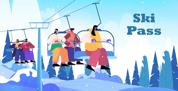 People sitting on chairlifts ski resort cableway in snowy mountains christmas new year holidays celebration winter vacation